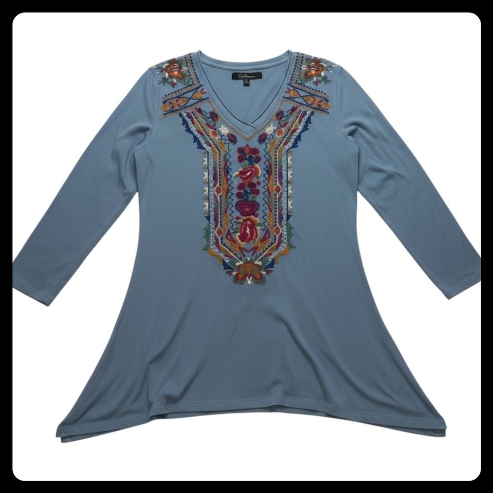 Caleesa Embroidered Tunic Top Women Medium Blue Long Sleeve V-Neck Boho